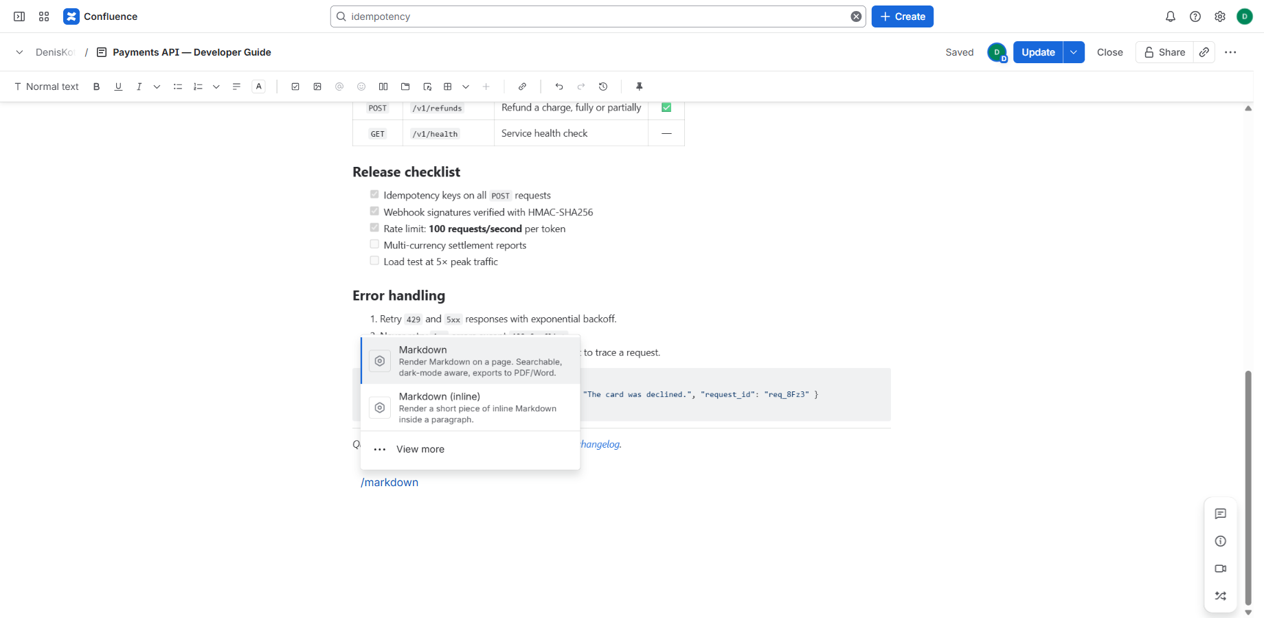 Typing /markdown in the Confluence editor shows the Markdown and Markdown (inline) macros